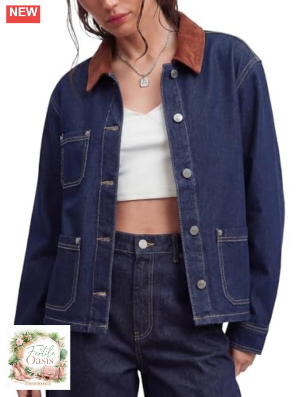 Women's Denim Jacket with Corduroy Collar Loose Fit Button Down Jean Shacket